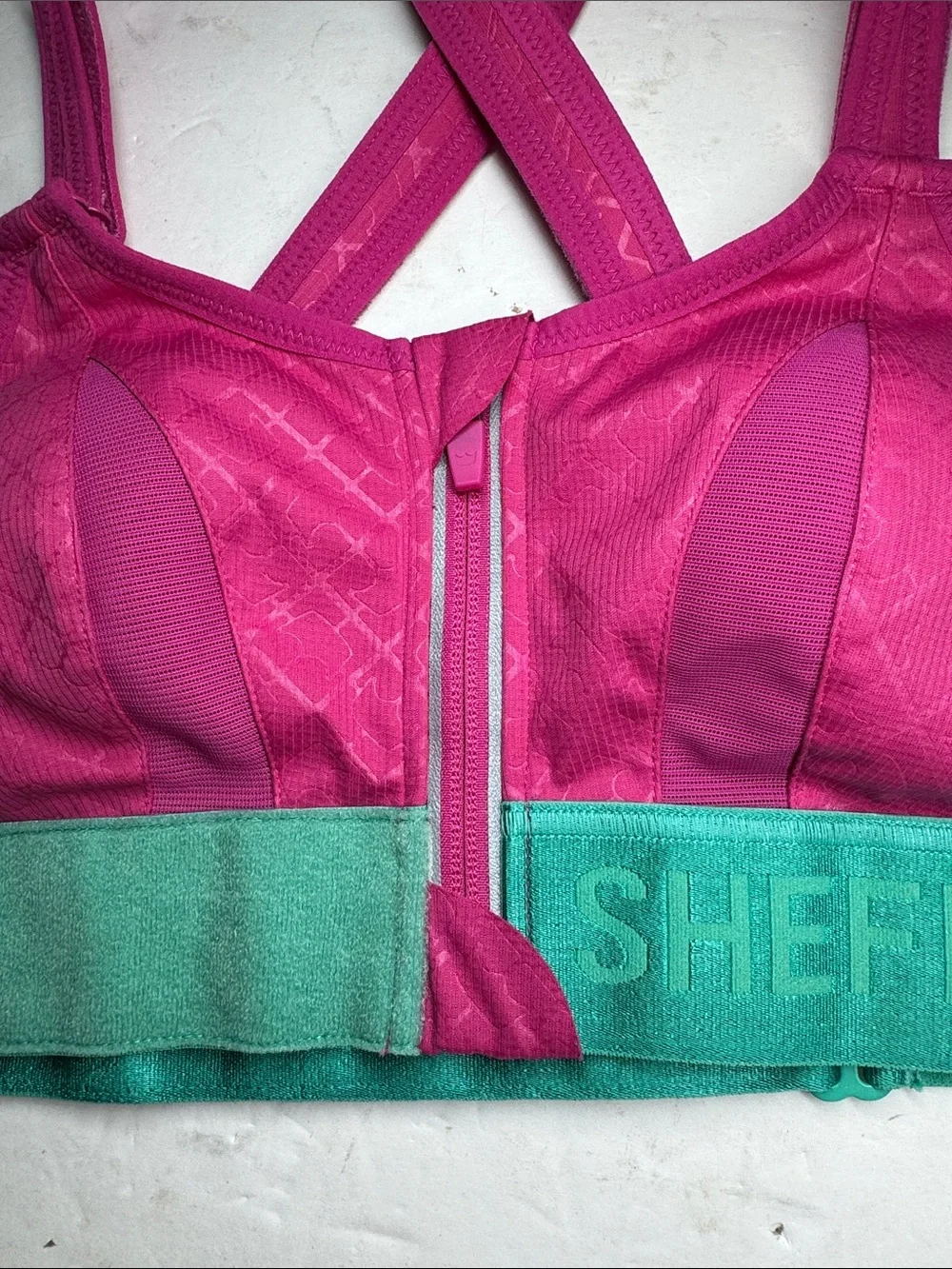 SHEFIT Bright Pink Sports Bra Teal Band S zip front new workout comfort support - Picture 6 of 9